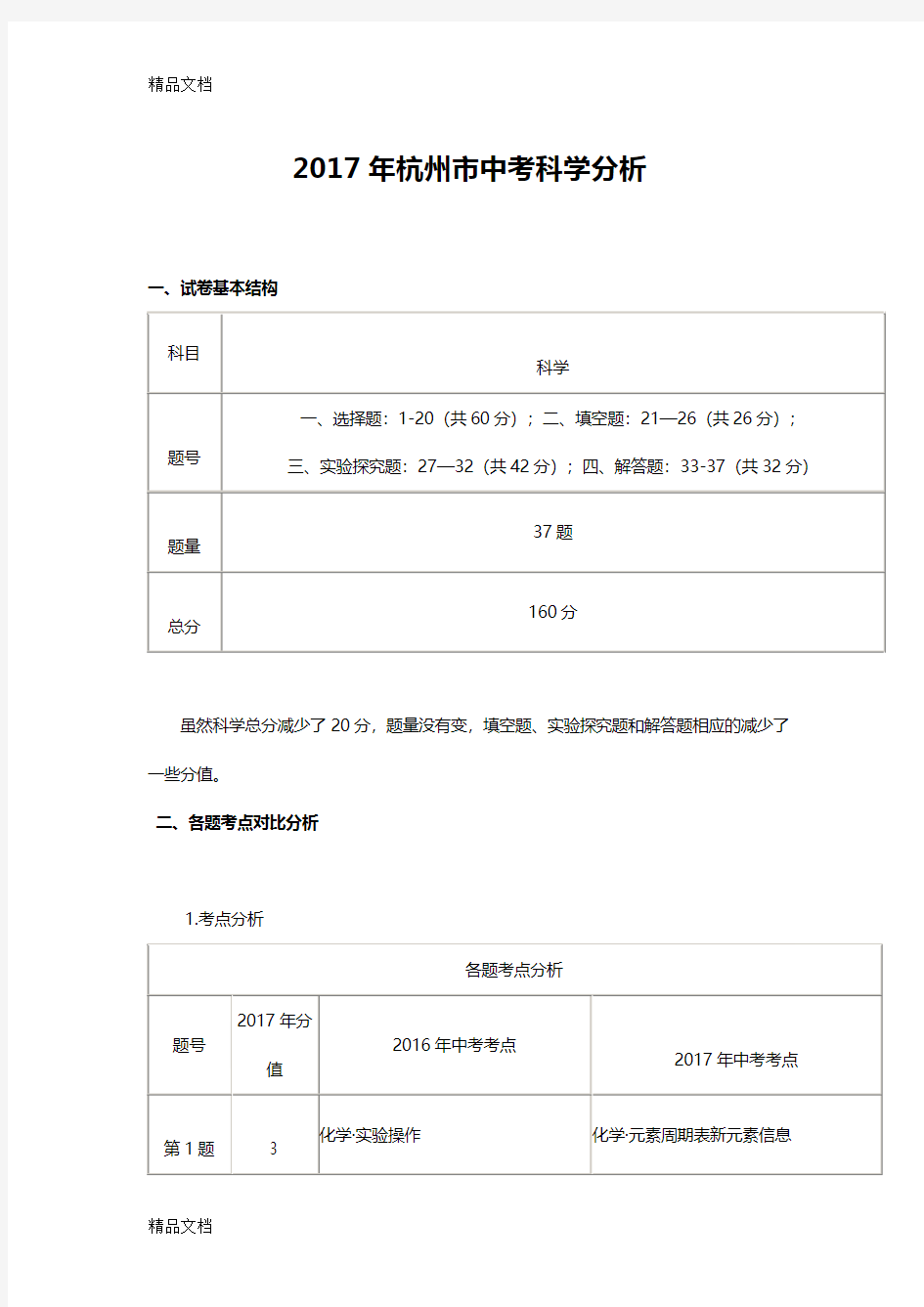 最新杭州中考科学试卷分析资料