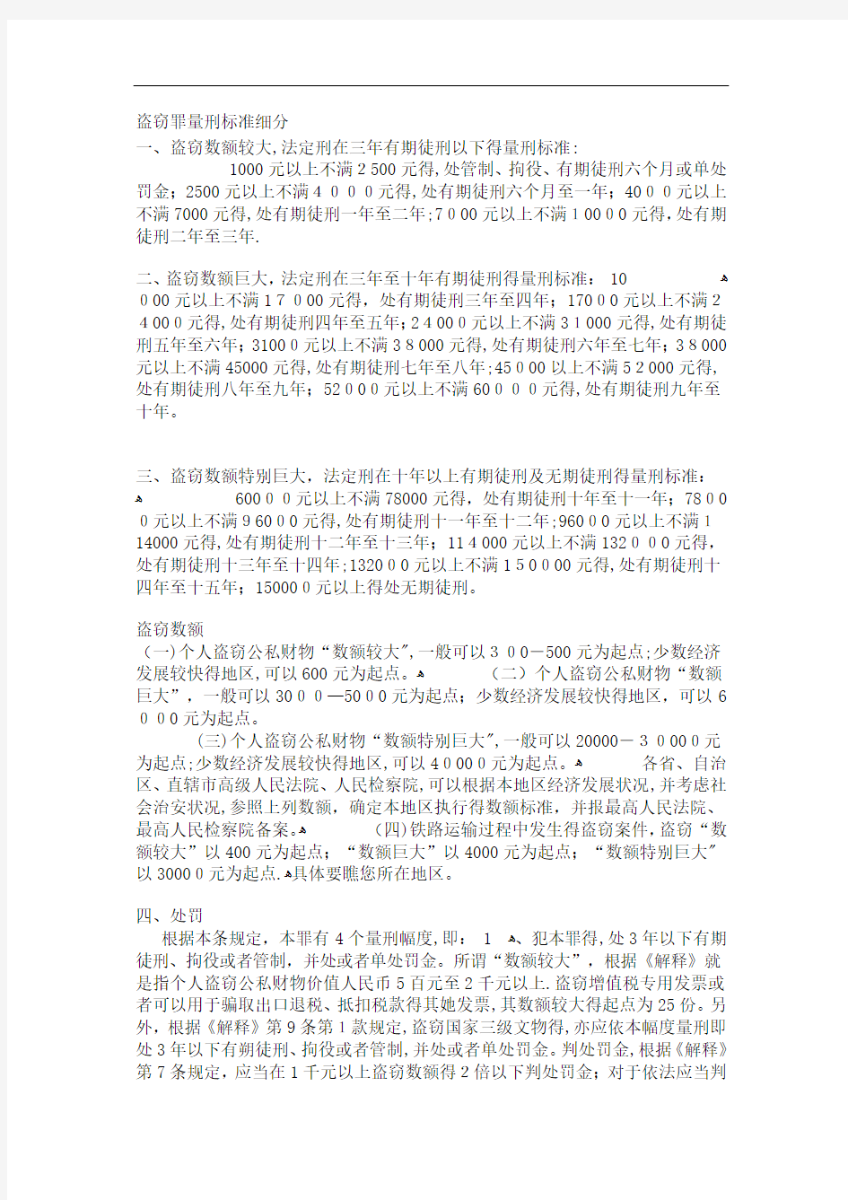 盗窃罪量刑标准细分