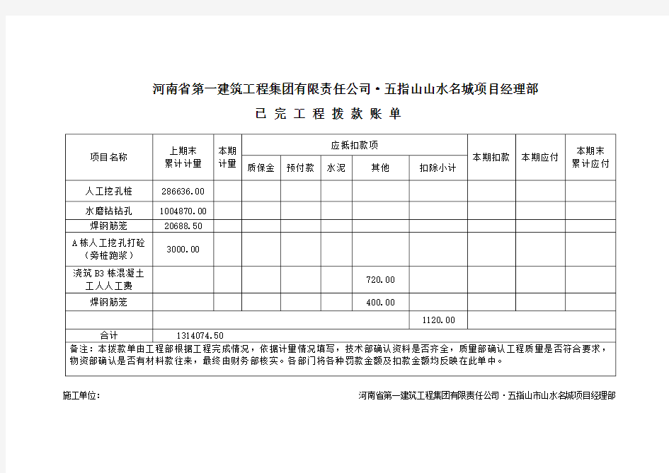 人工挖孔桩施工队工费结算清单