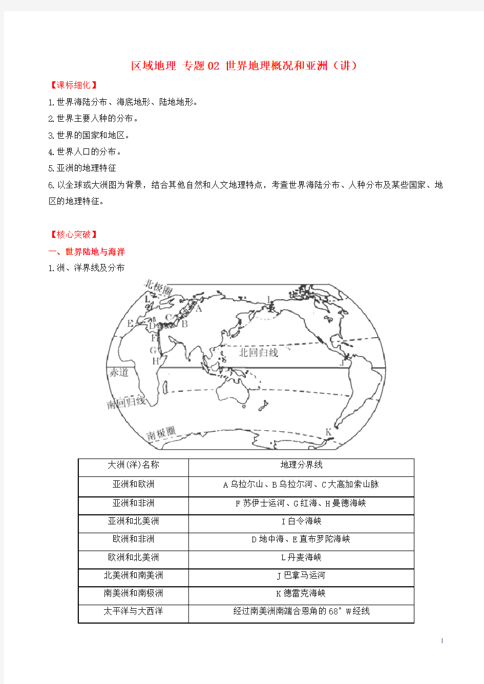 高中地理 区域地理 专题02 世界地理概况和亚洲(讲)(提升版,含解析)新人教版必修3