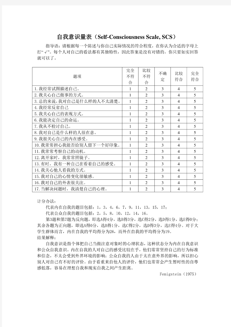 自我意识量表(Self-ConsciousnessScale,SCS)