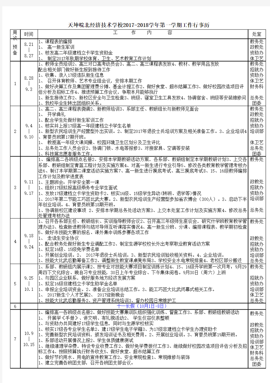 17-18学年度第一学期工作行事历