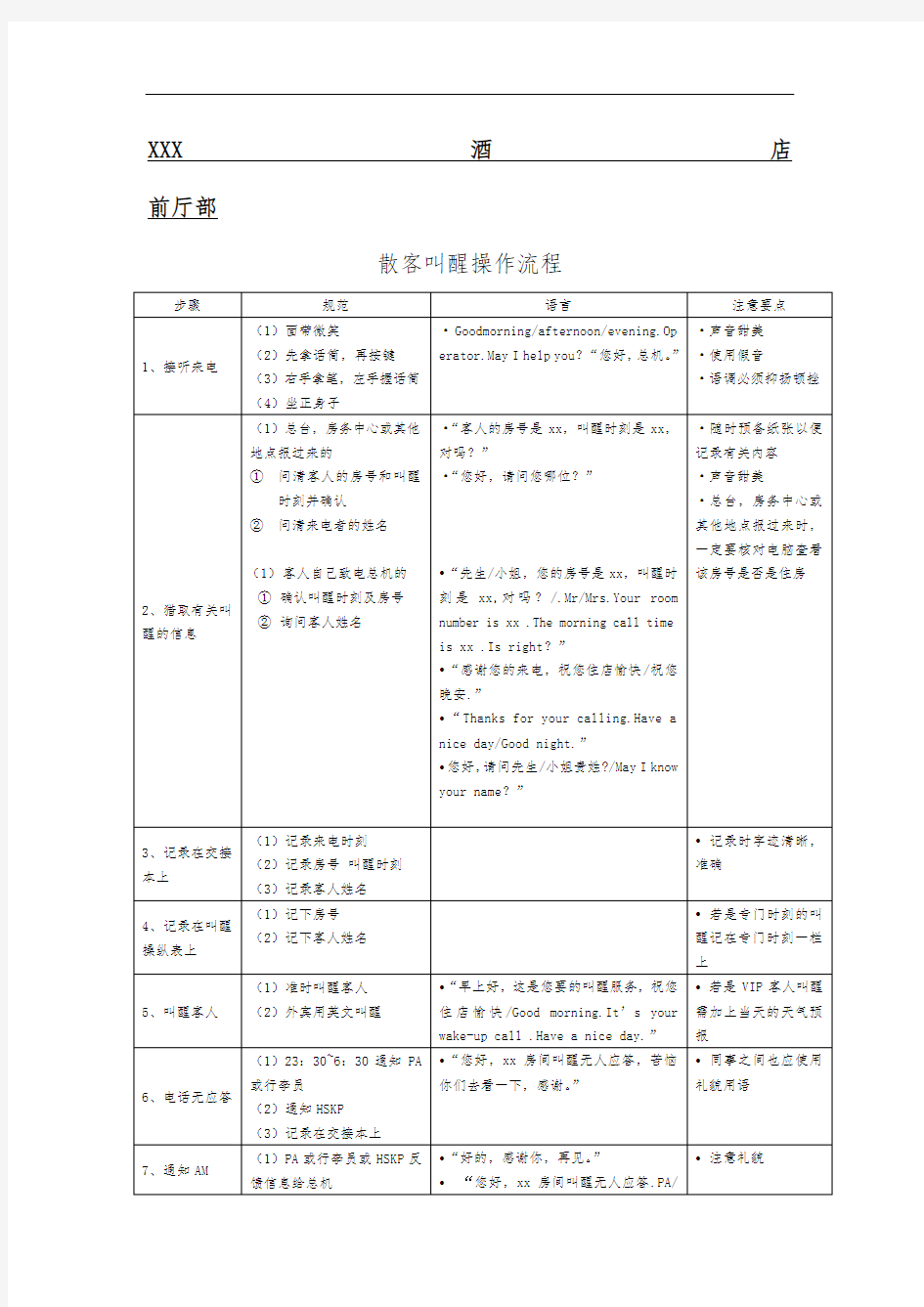 总台散客叫醒操作流程