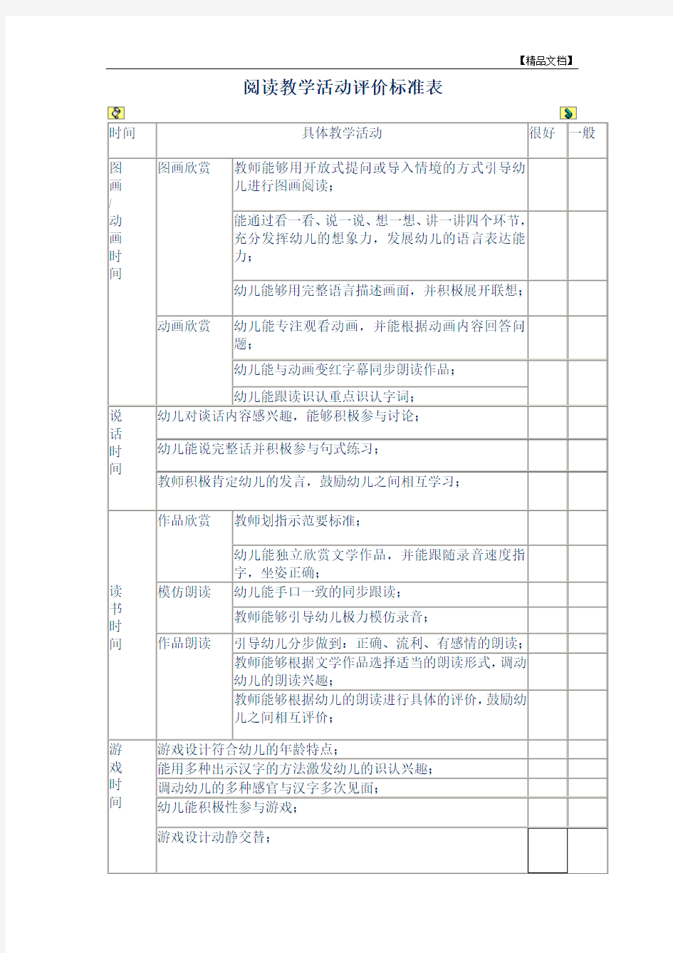 阅读教学活动评价标准表