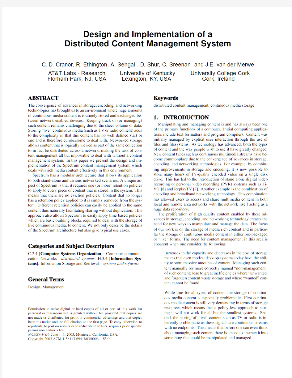 Design and implementation of a distributed content management system