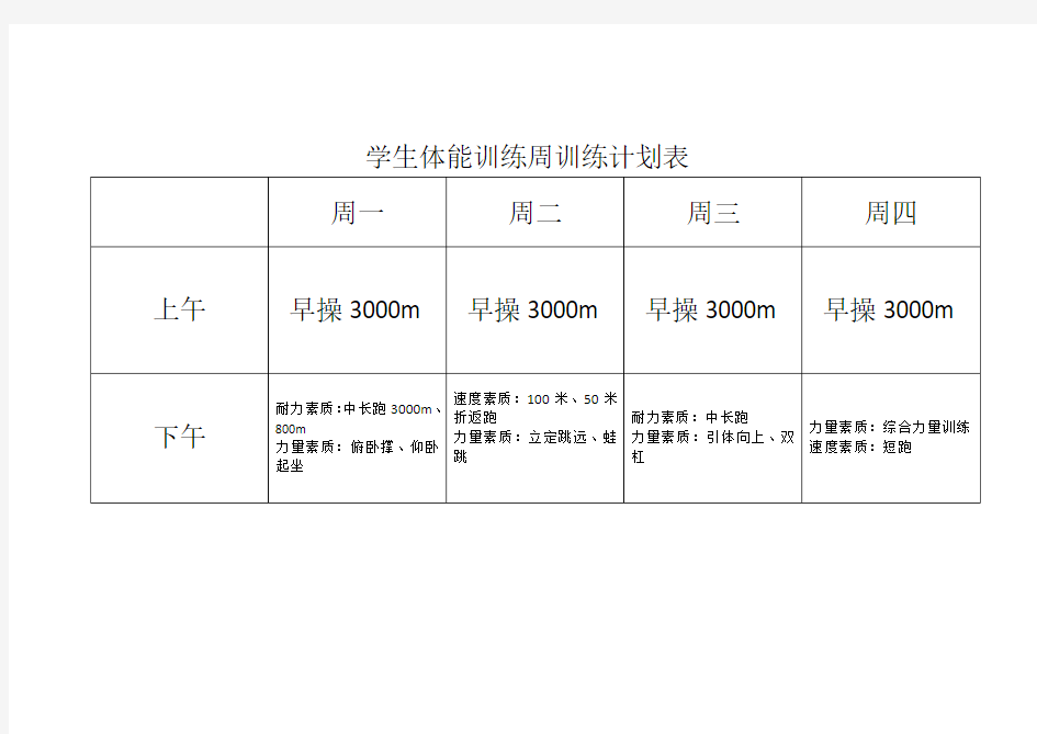 学生体能训练周训练计划表