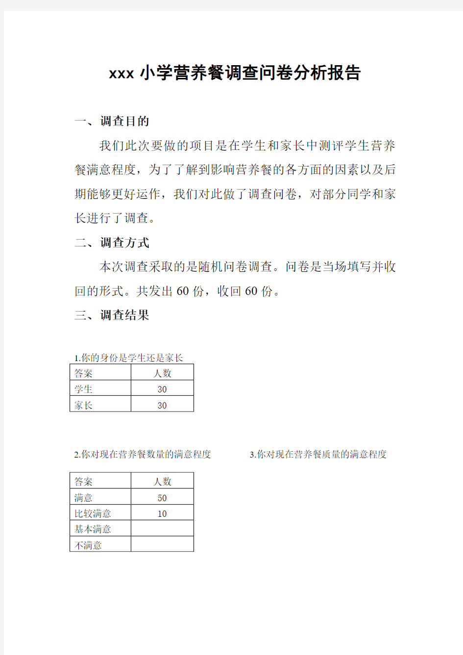 营养餐调查问卷分析报告