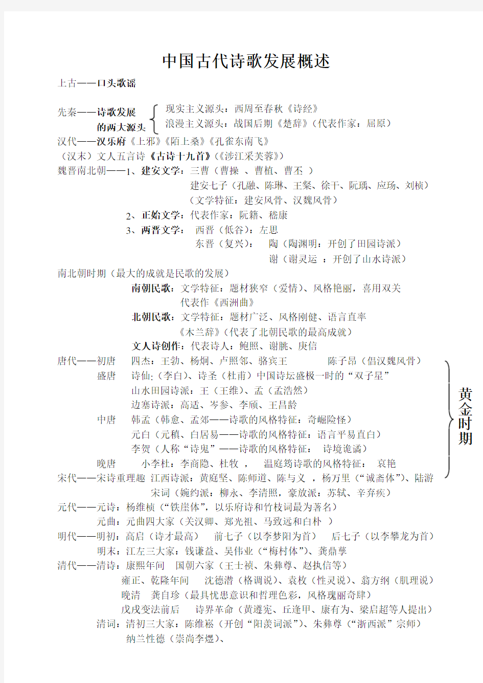 中国古代诗歌发展概述简表