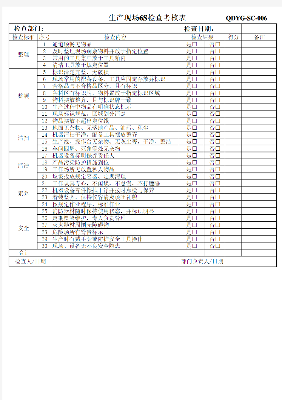 生产现场6S考核表