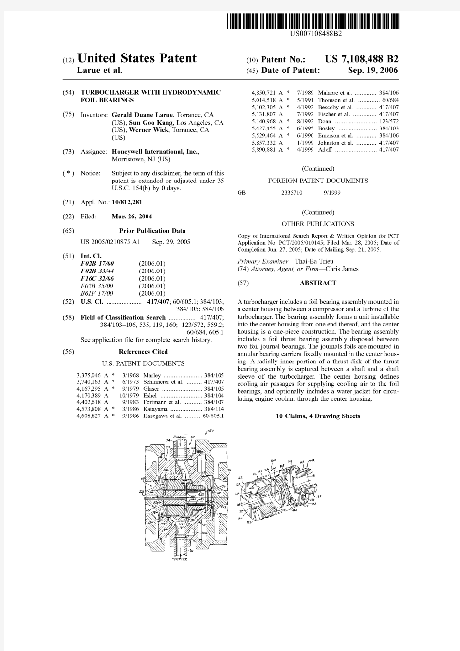 turbocharge with hydrodynamic foil bearings US7108488