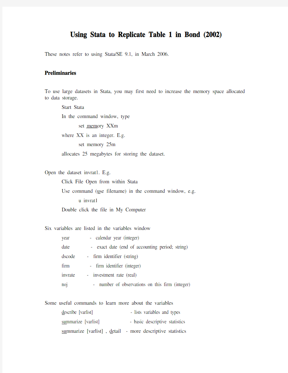 Using Stata to Replicate Table 1 in Bond(2002)