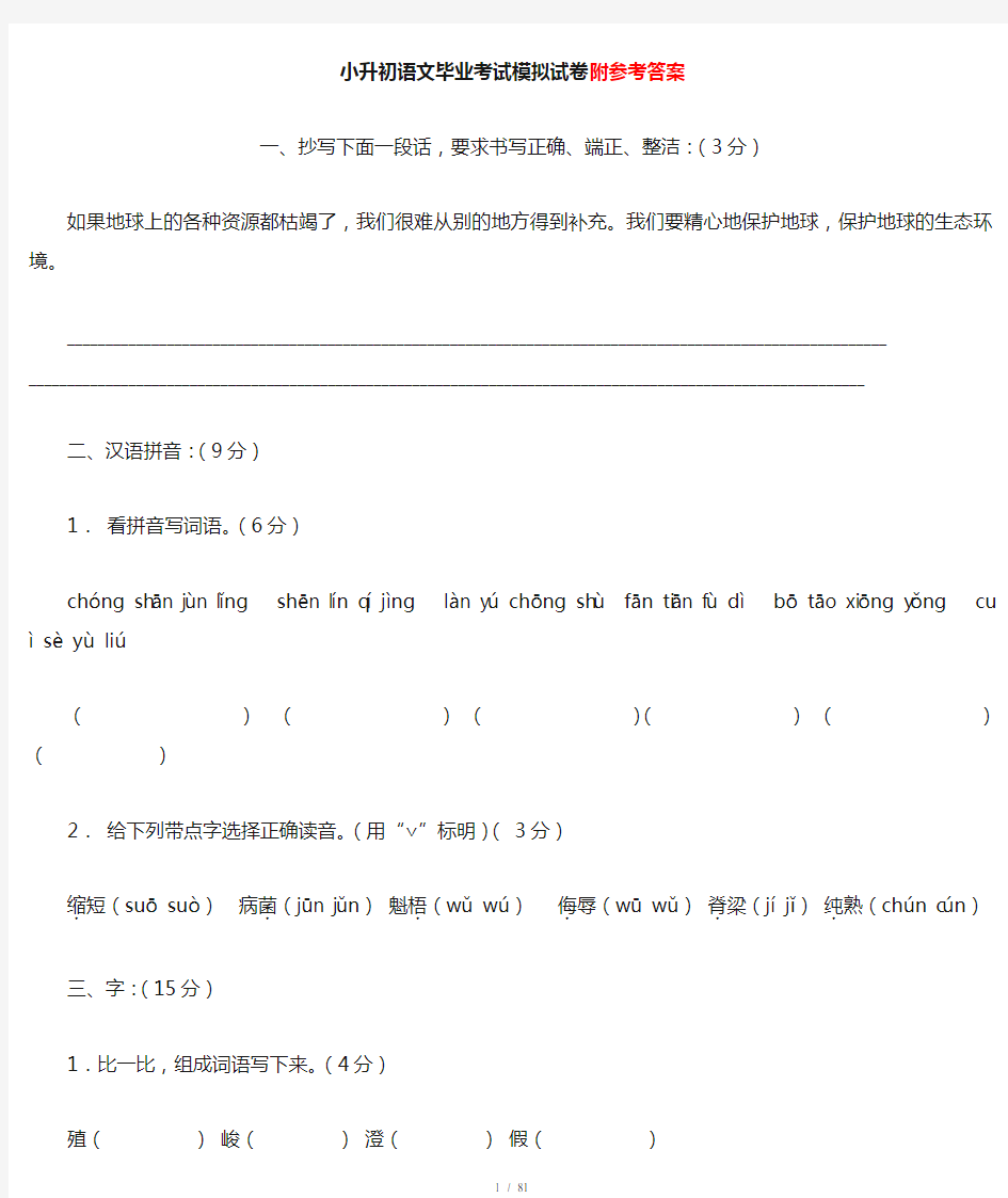 小升初语文试题及答案