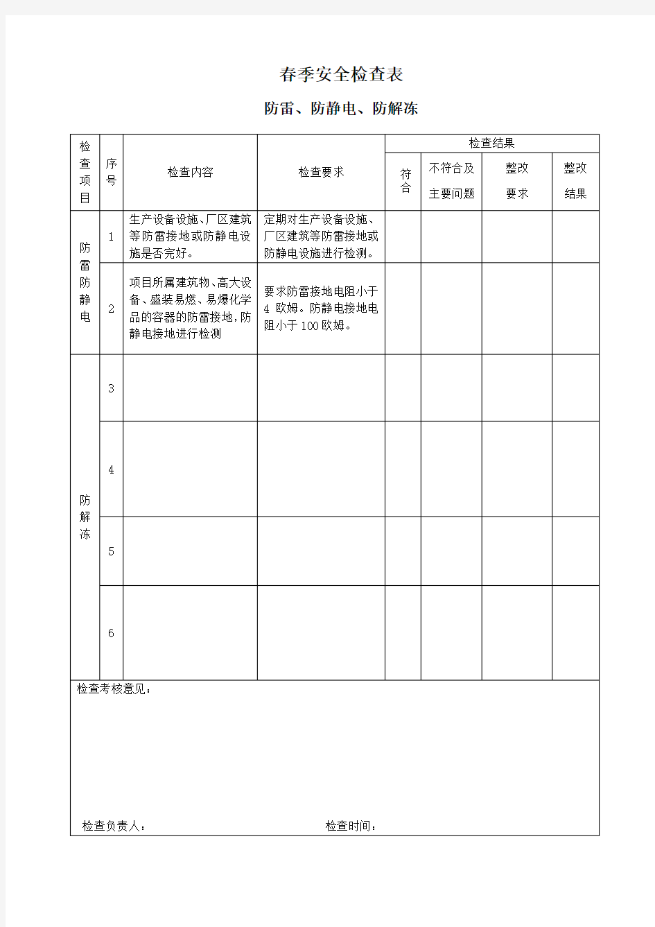 季节性安全检查表