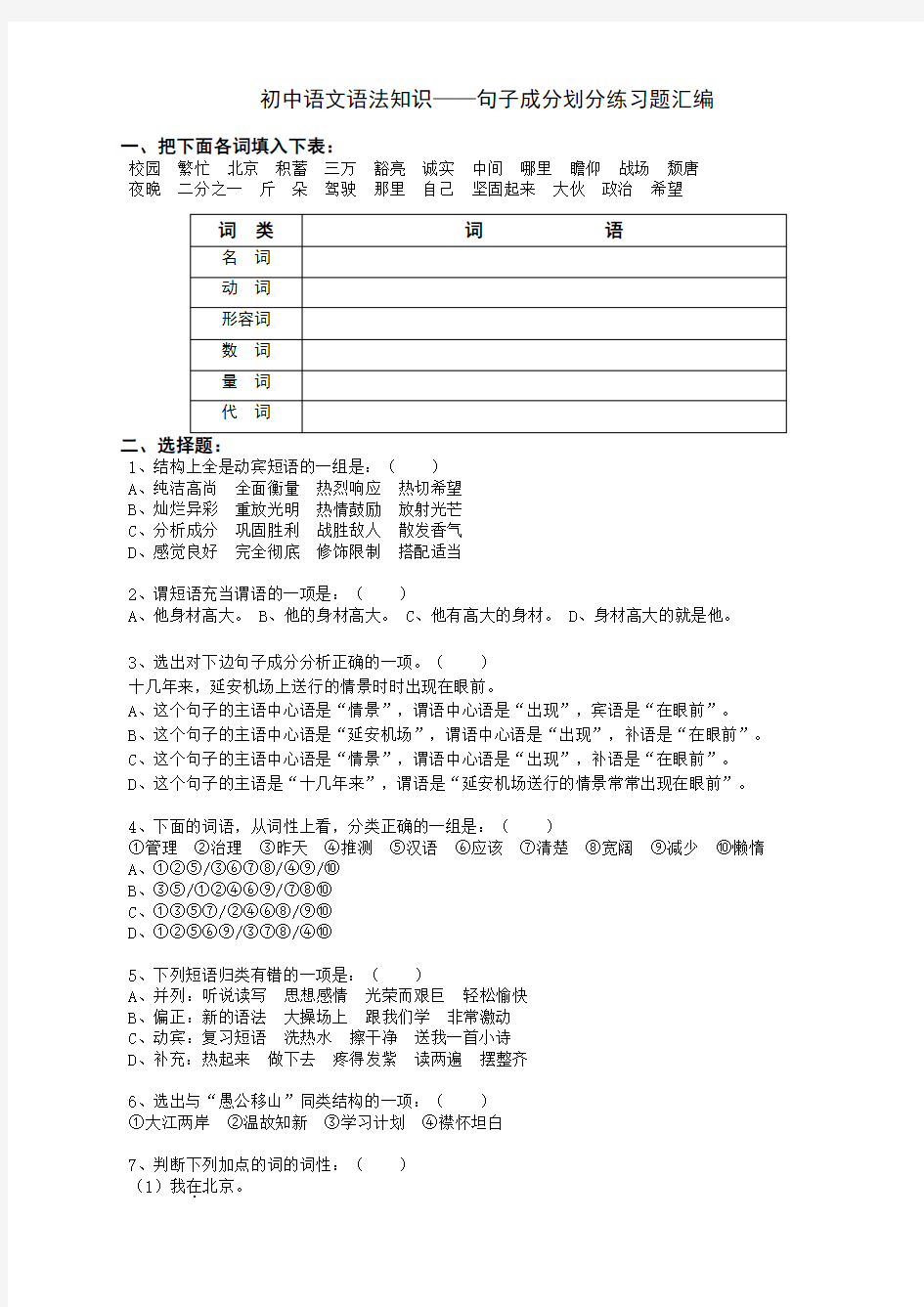 初中语文句子成分练习题汇编