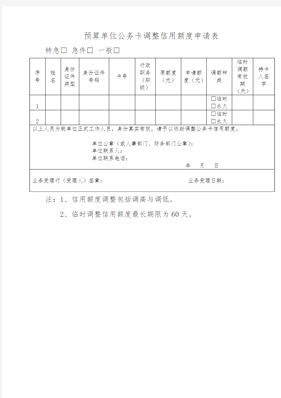 预算单位公务卡调整信用额度申请表