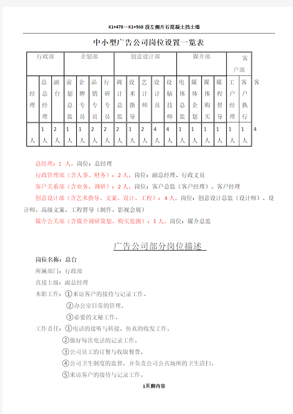 中小型广告公司岗位设置一览表