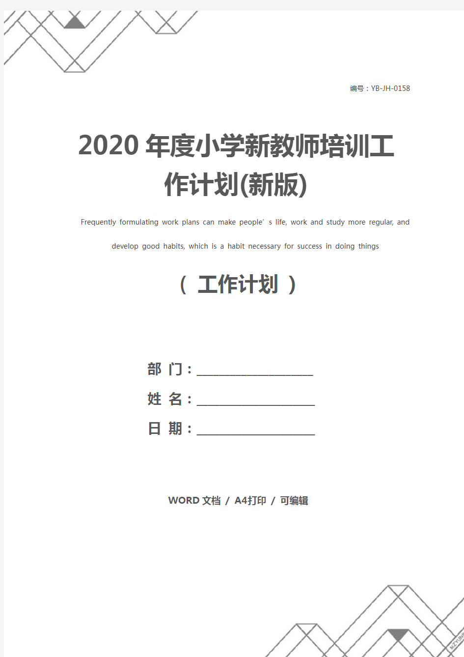 2020年度小学新教师培训工作计划(新版)