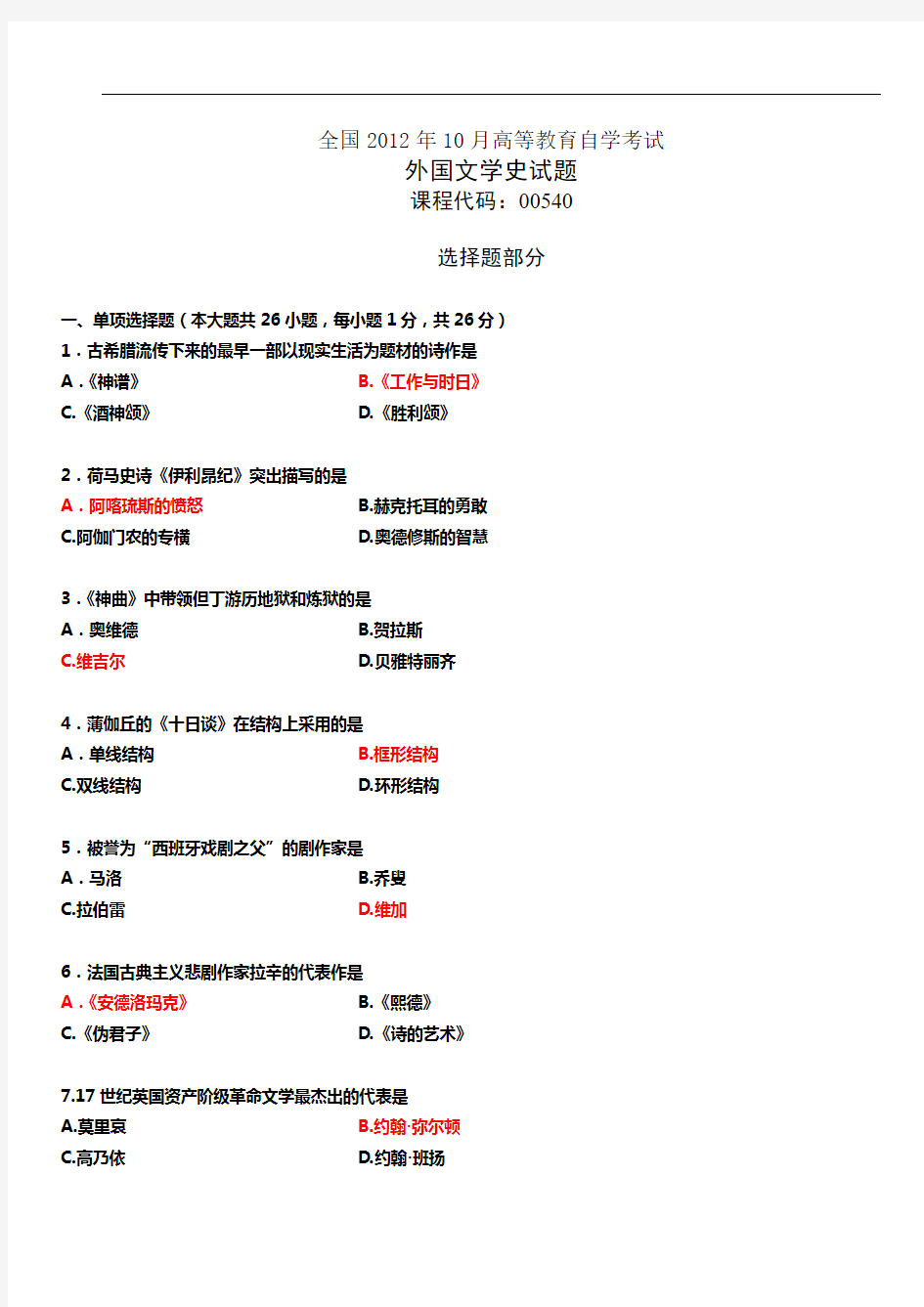 2012年10月外国文学史试题答案详解