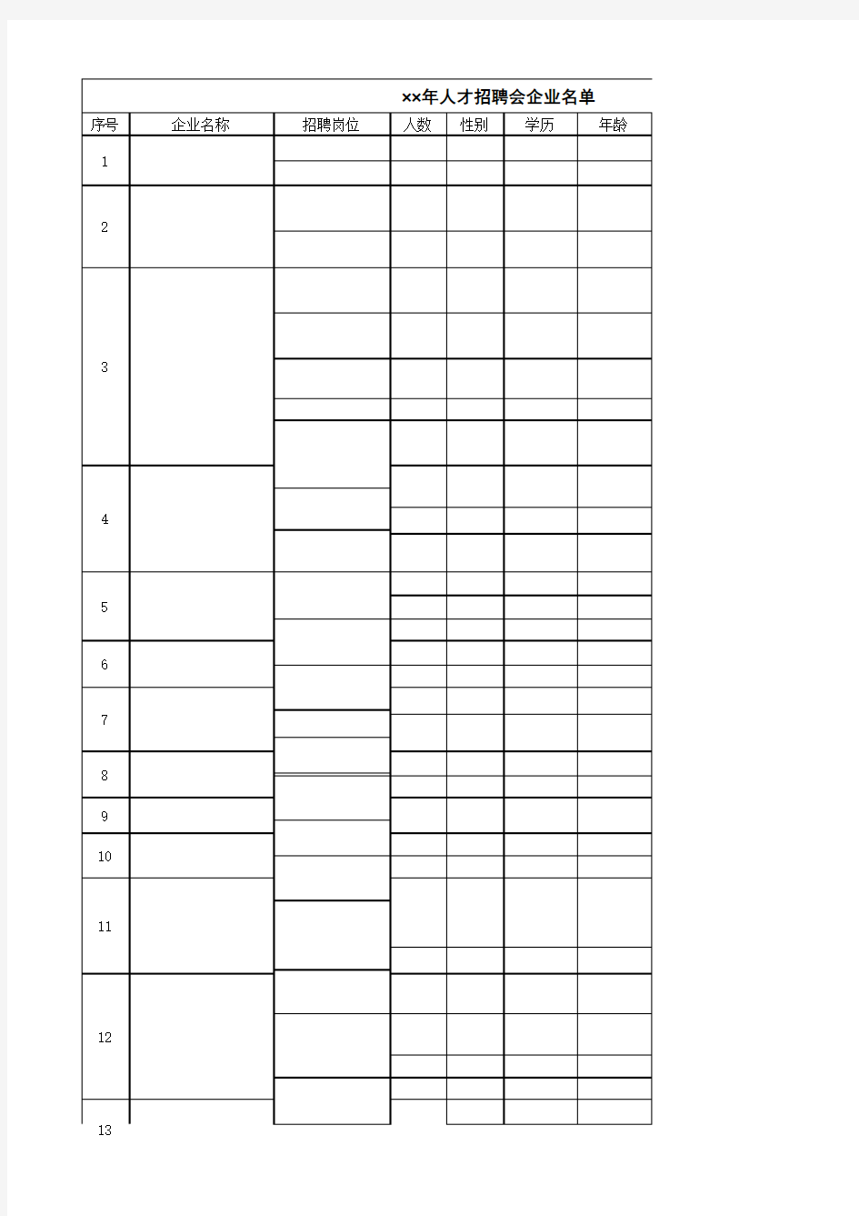 人才招聘会企业名单模板