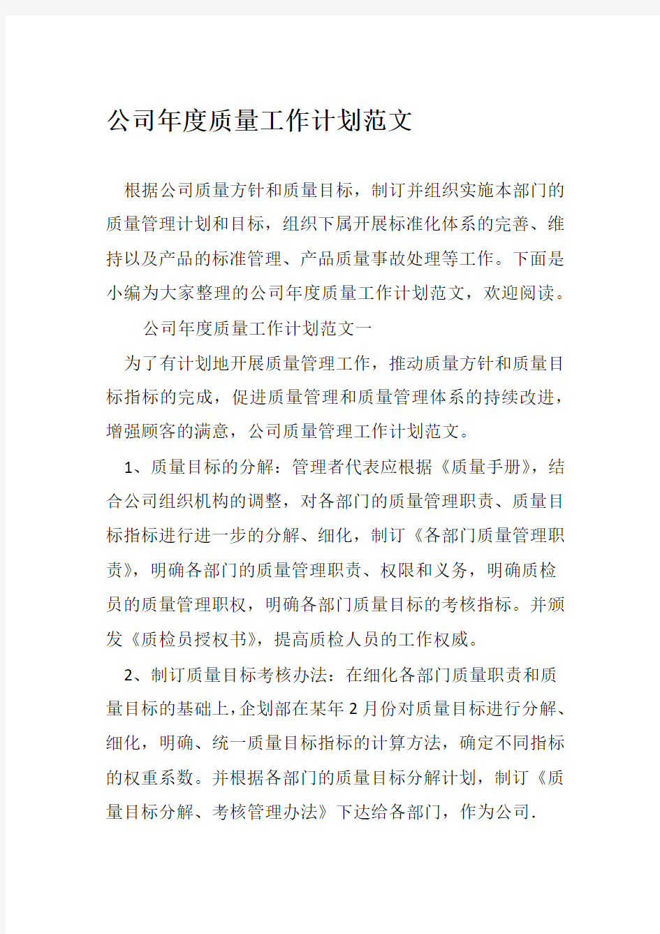 公司年质量工作计划