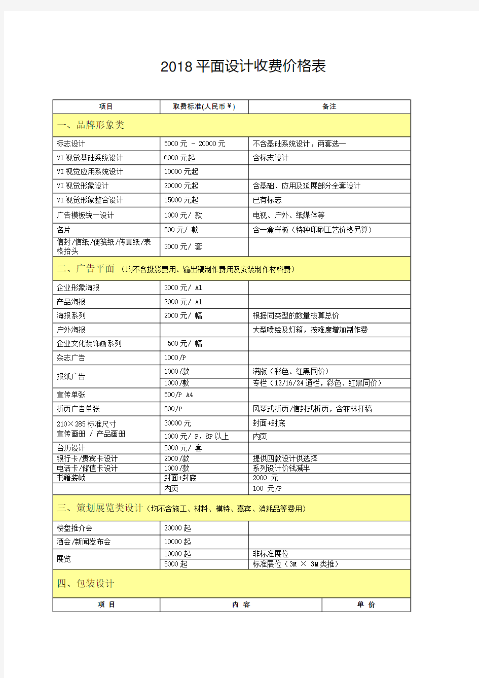 平面设计收费价格表完整版