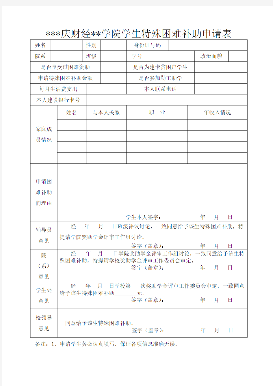 重庆财经职业学院学生特殊困难补助申请表【模板】