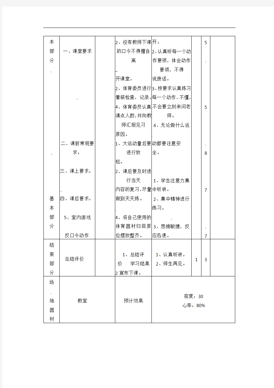 二年级体育下册课堂常规教案