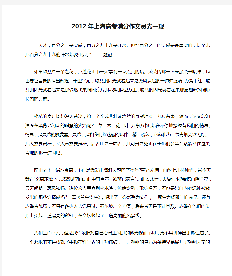 2012年上海高考满分作文灵光一现
