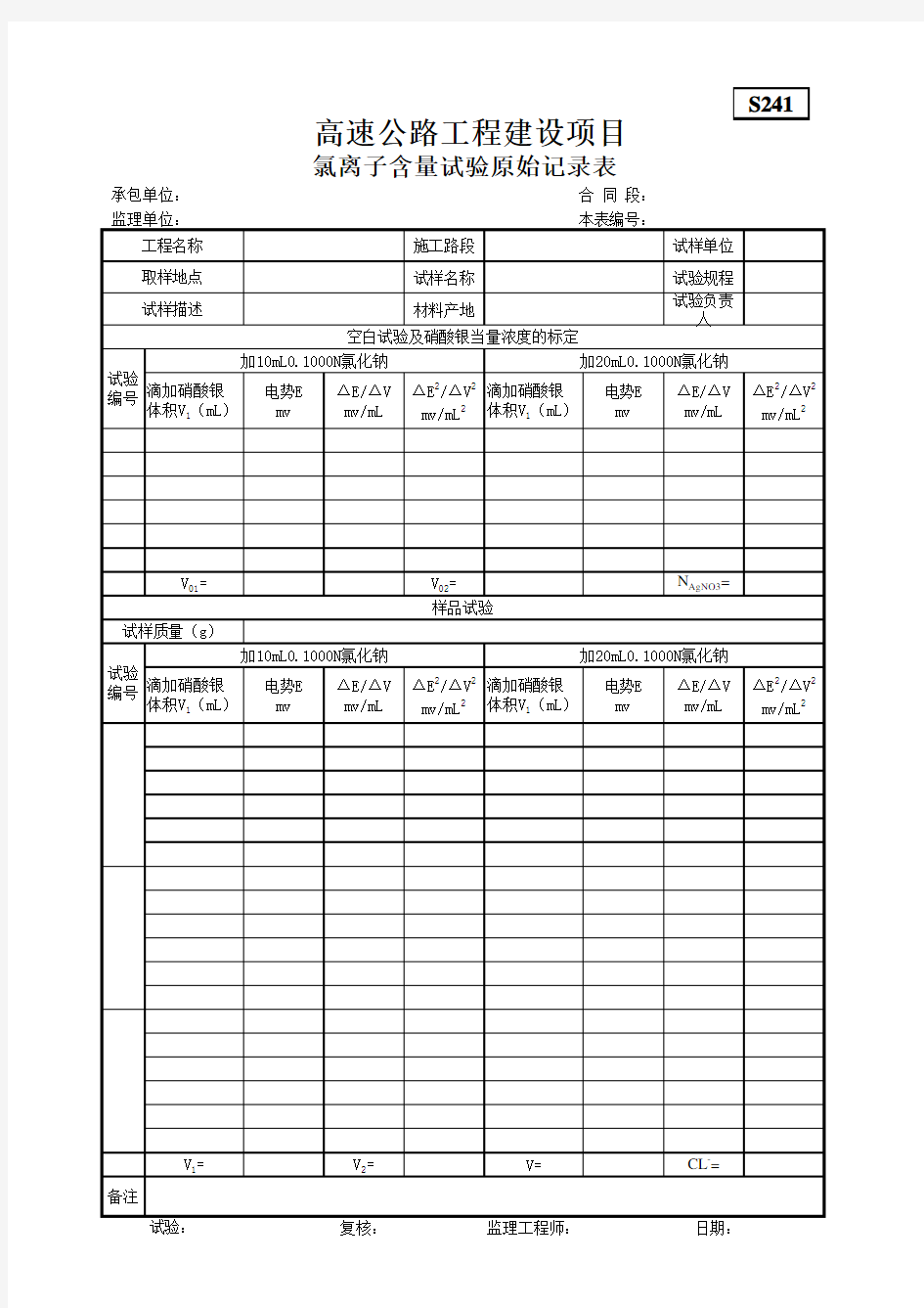 S241氯离子含量试验原始记录表