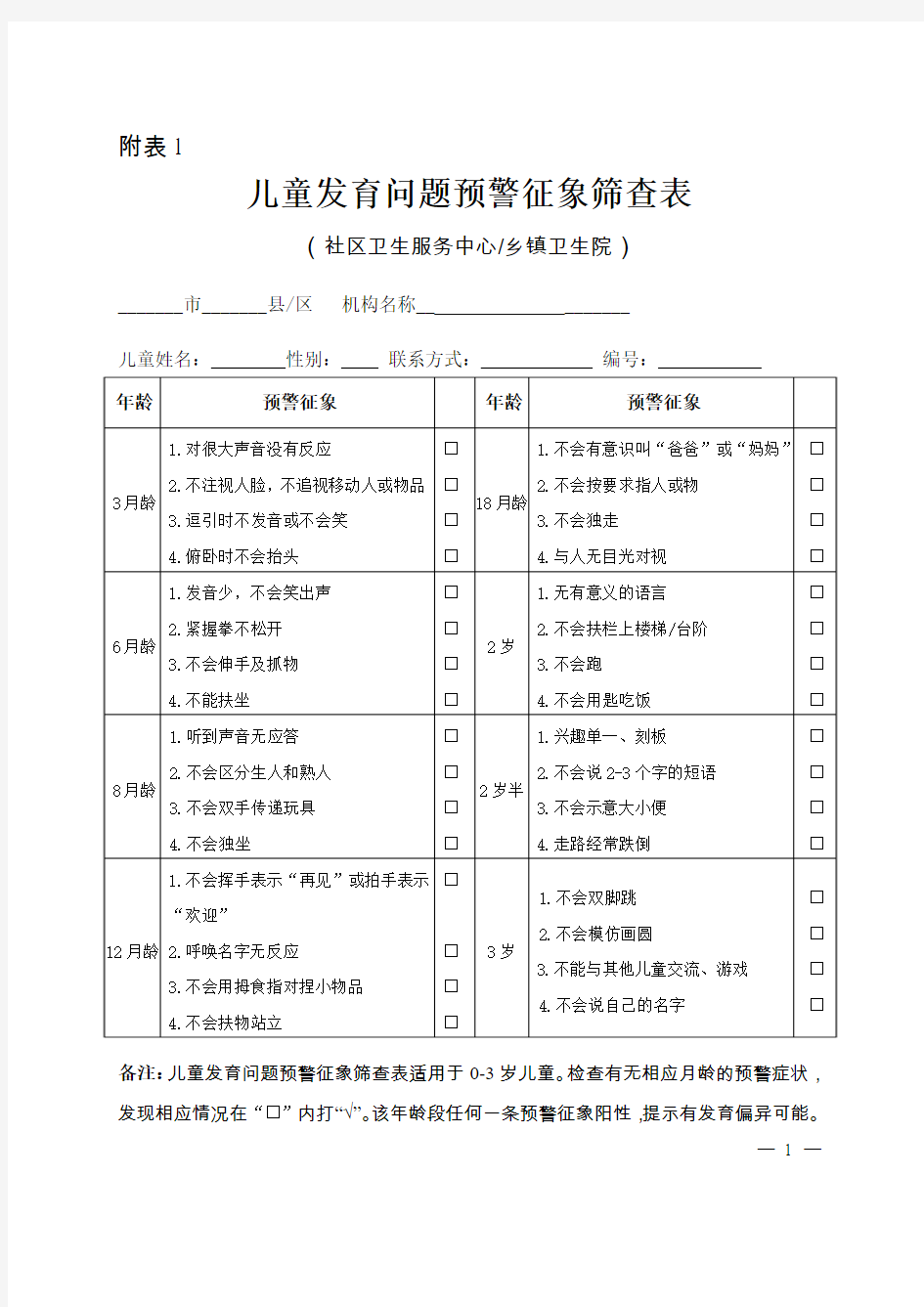 表儿童发育问题预警征象筛查表