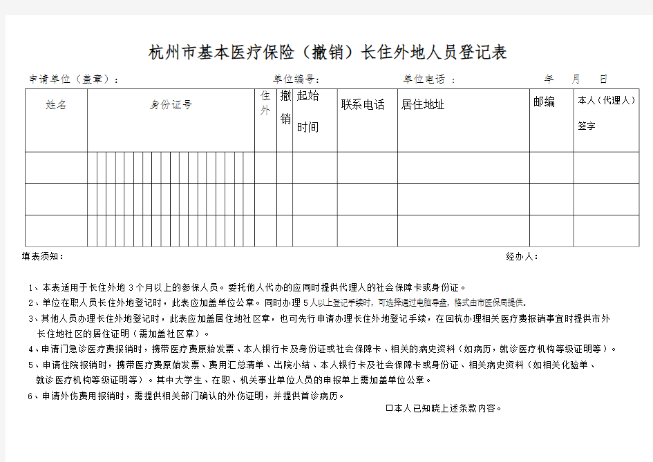 杭州市基本医疗保险(撤销)长住外地人员登记表