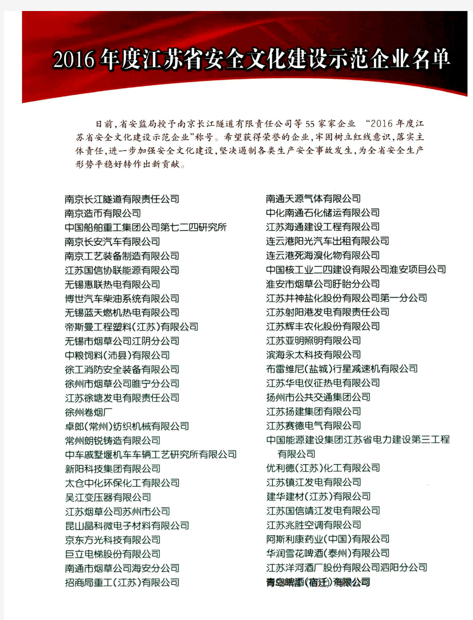 2016年度江苏省安全文化建设示范企业名单