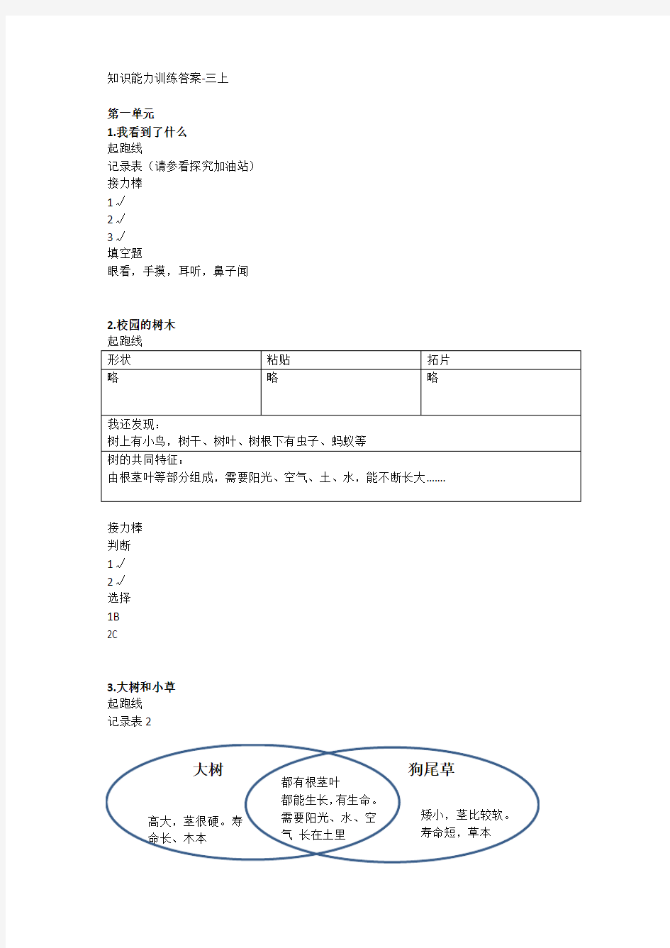 科学知识能力训练答案-三上