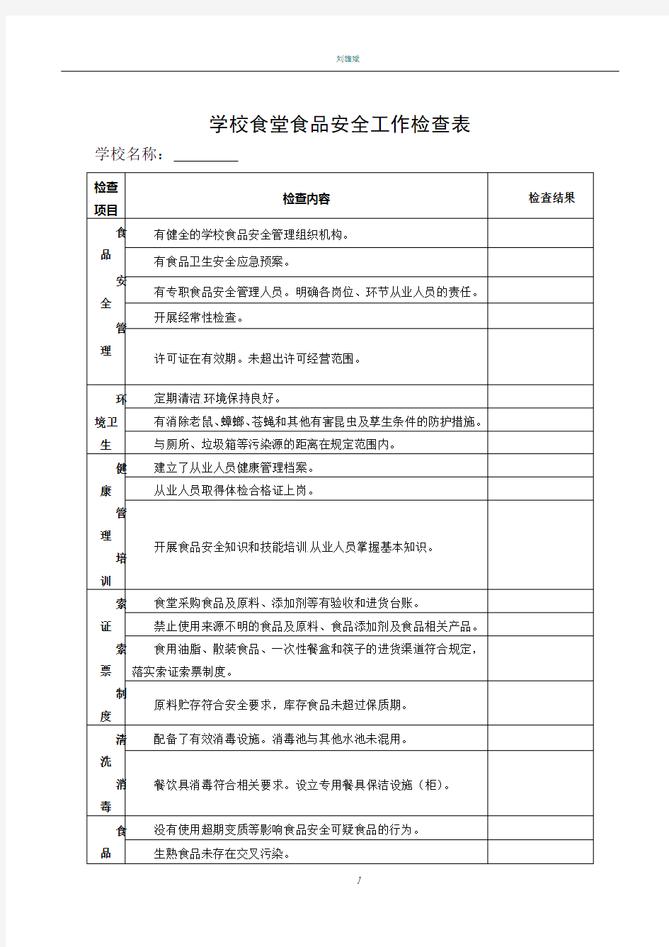 学校食堂食品安全工作检查表