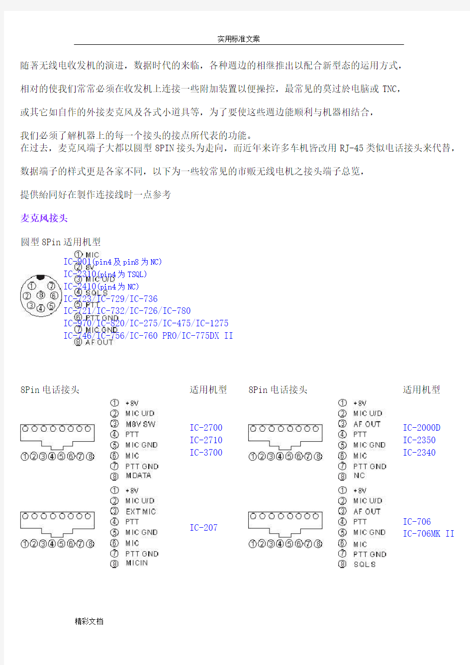 各种的车载电台接头资料图、手咪定义-适合无线电爱好者折腾