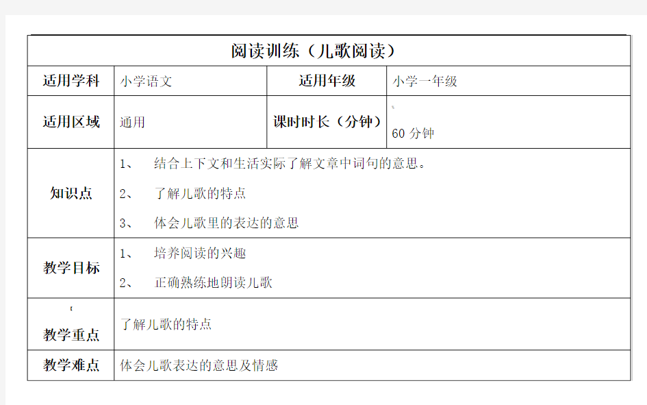 小学一年级阅读训练教案(儿歌阅读)