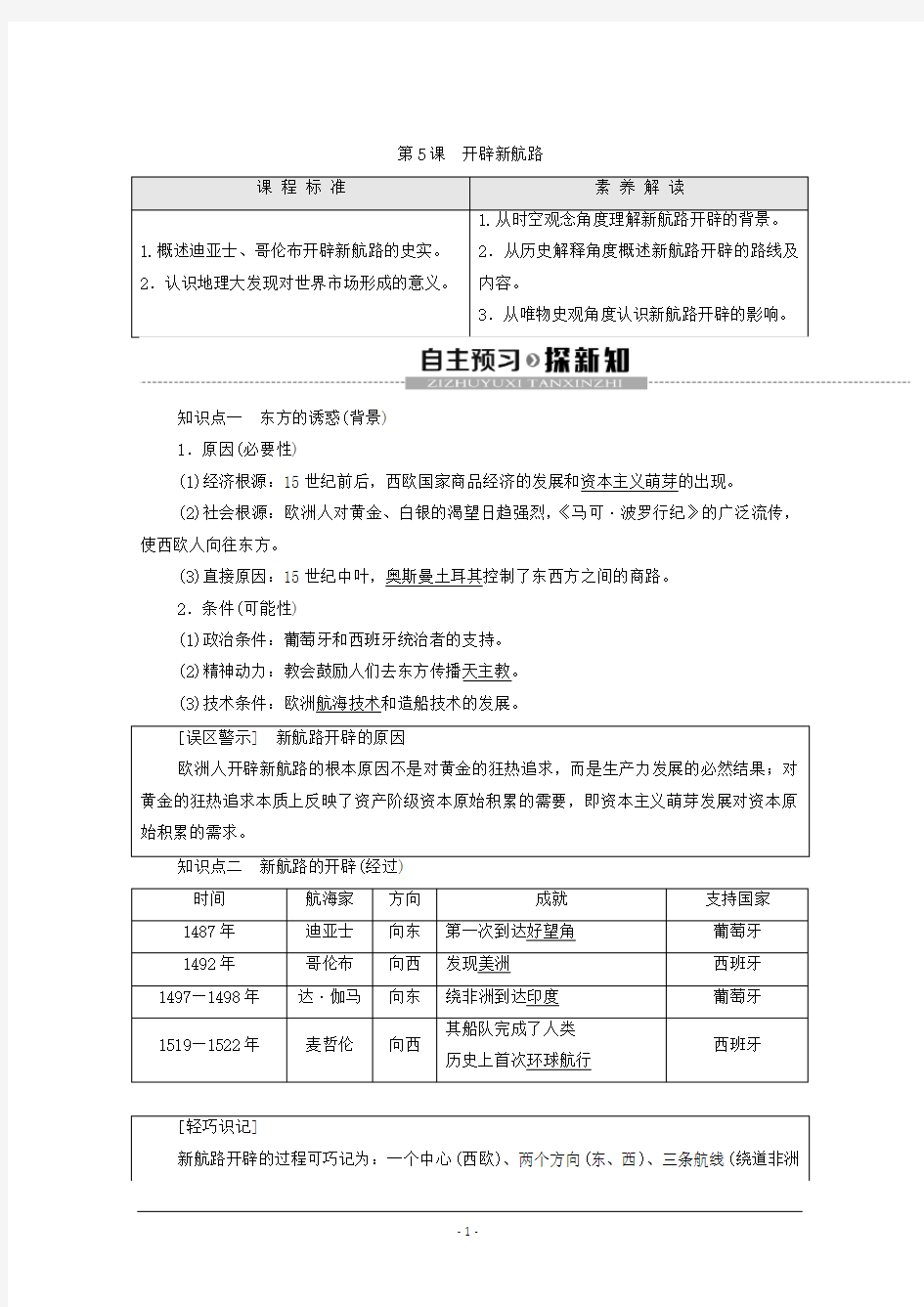 高中历史必修二第5课 开辟新航路学习学案