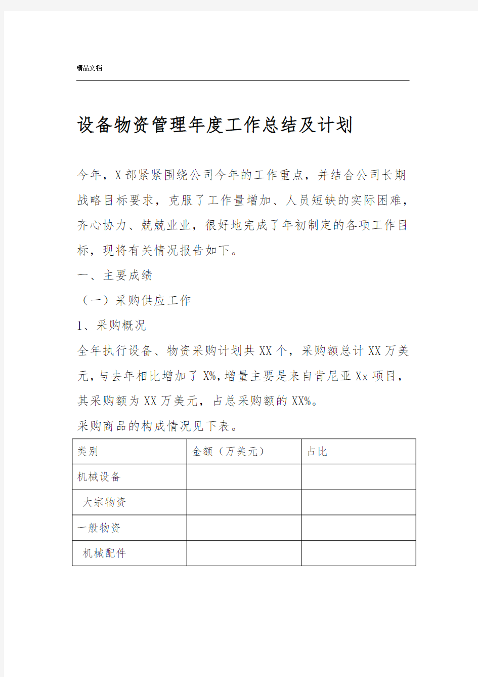 设备物资管理年度工作总结及计划