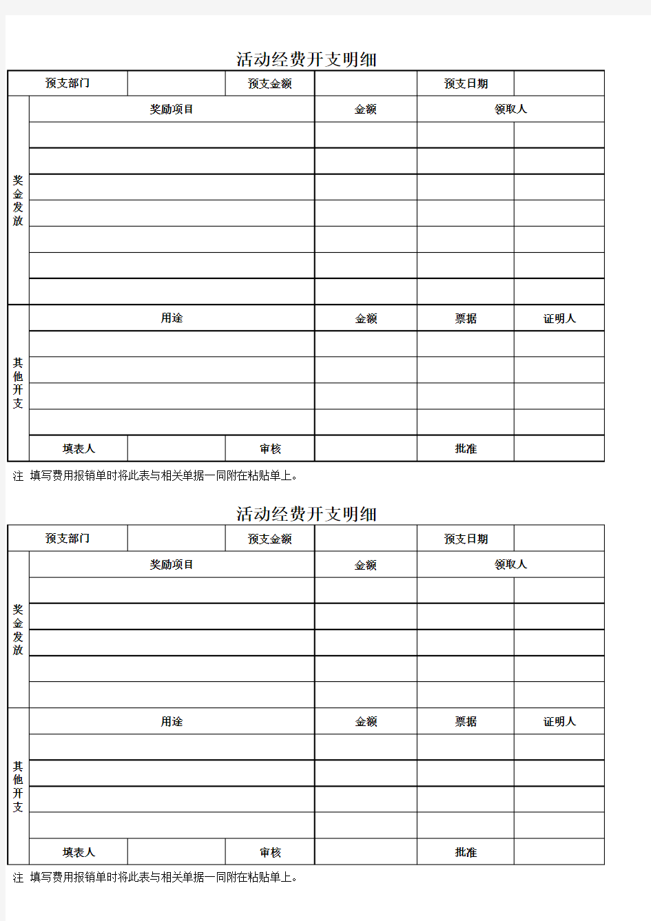 活动经费开支明细表