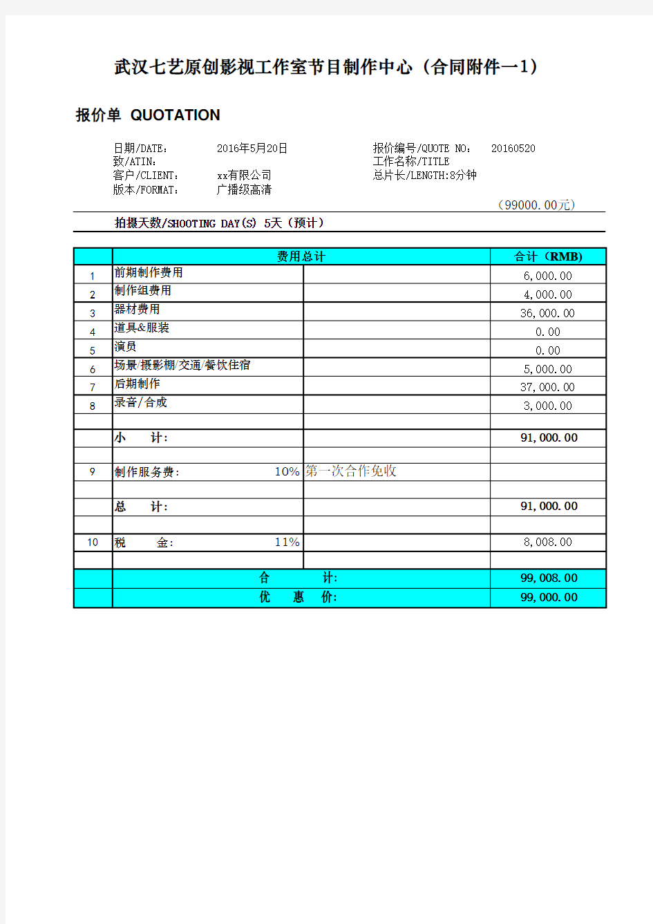 企业宣传片节目制作费用预算表