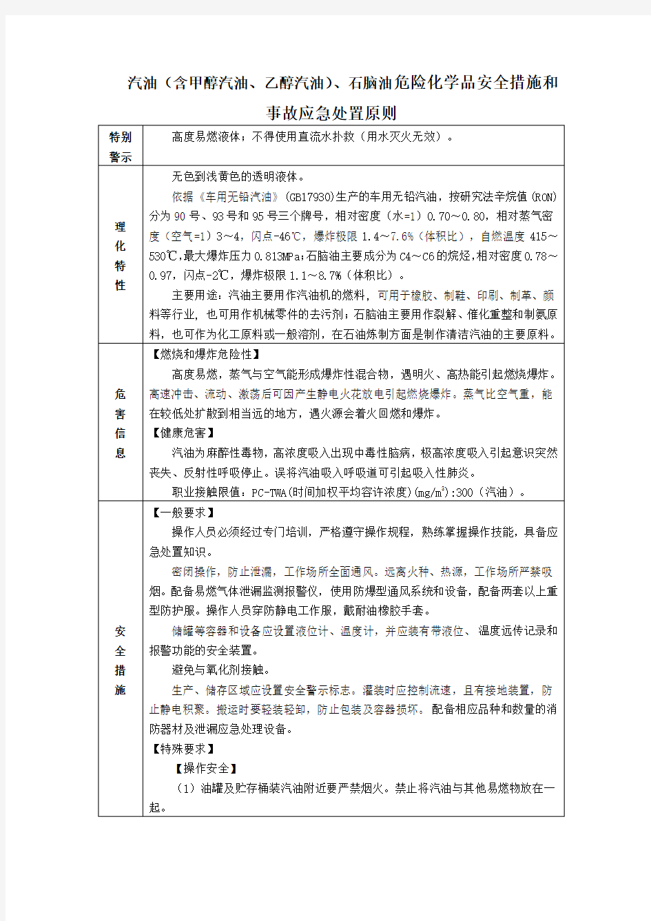 汽油(含甲醇汽油、乙醇汽油)、石脑油危险化学品安全措施和事故应急处置原则