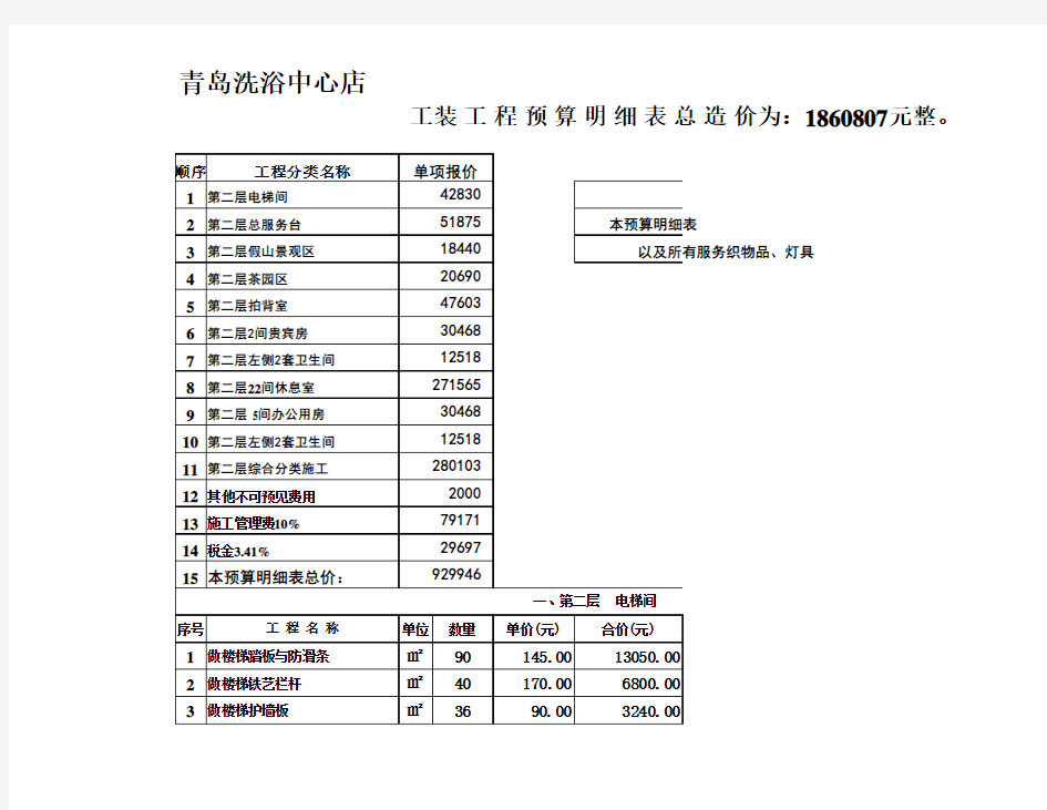 洗浴中心预算报价范本