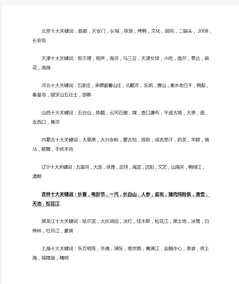 中国34个省份10大关键词