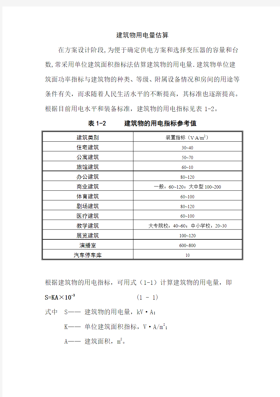 建筑物用电量估算