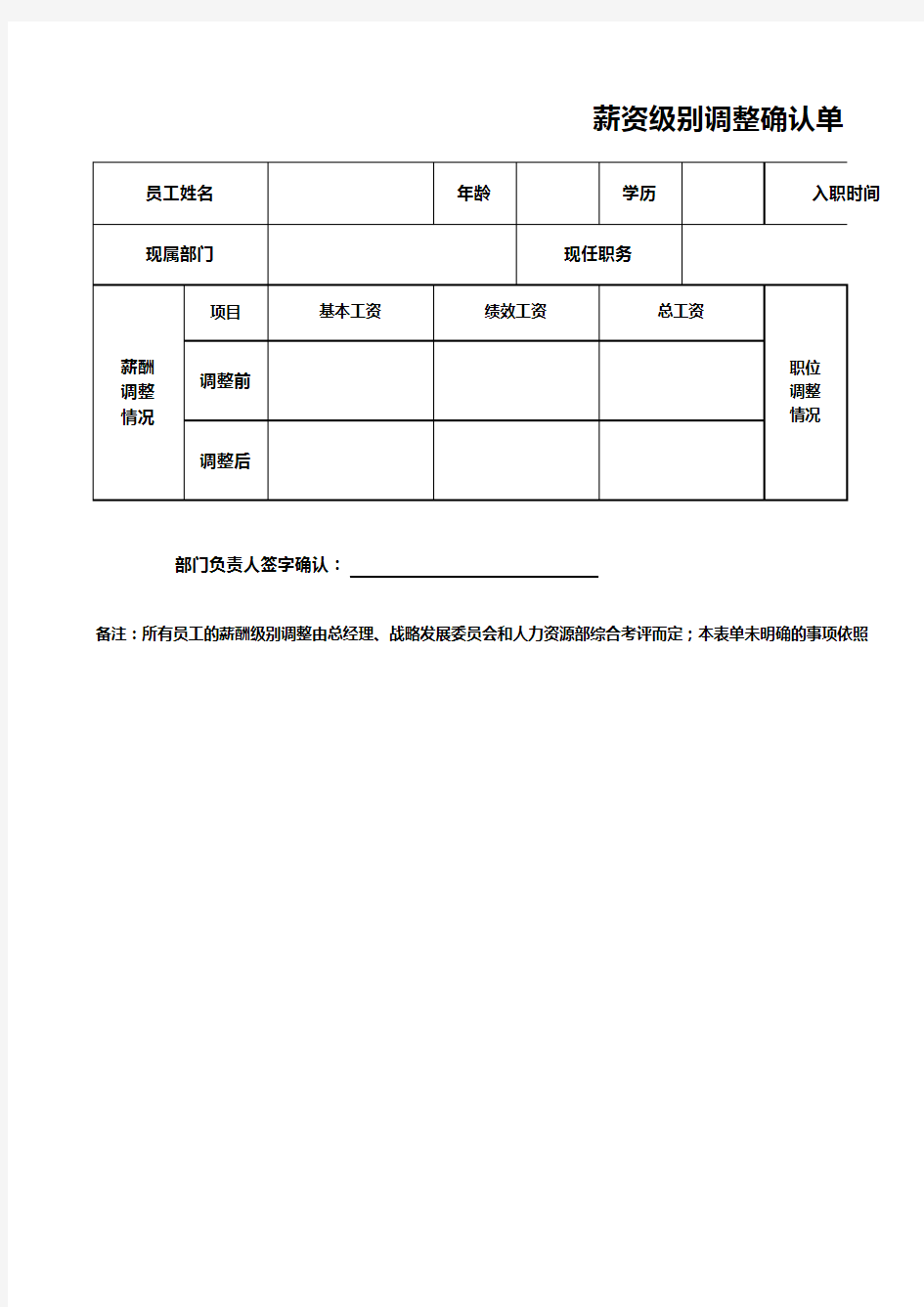 薪资级别调整确认单