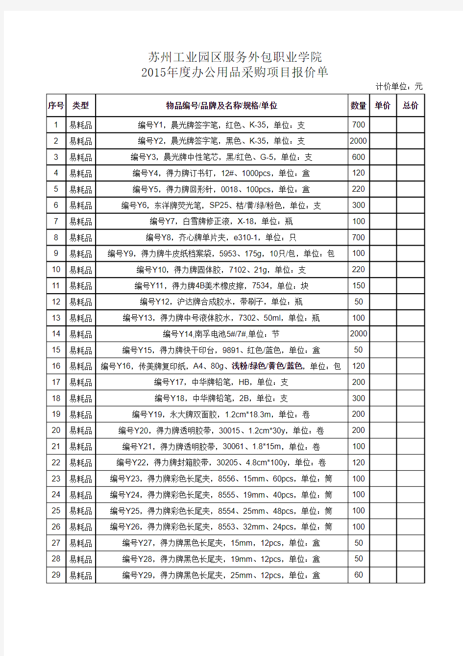 2015年度外包学院办公用品采购项目报价单xls