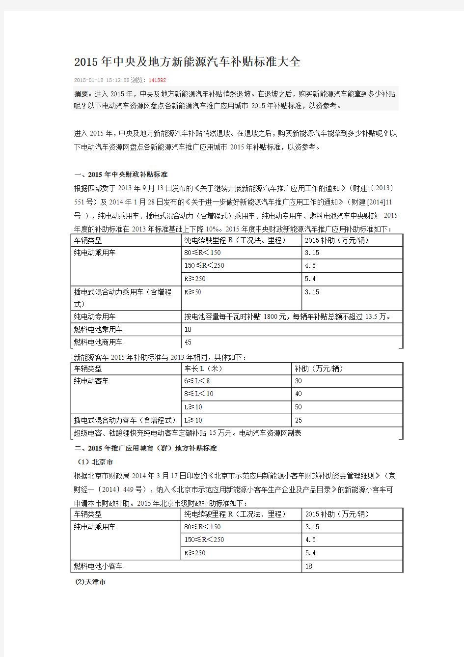 2015年中央及地方新能源汽车补贴标准大全