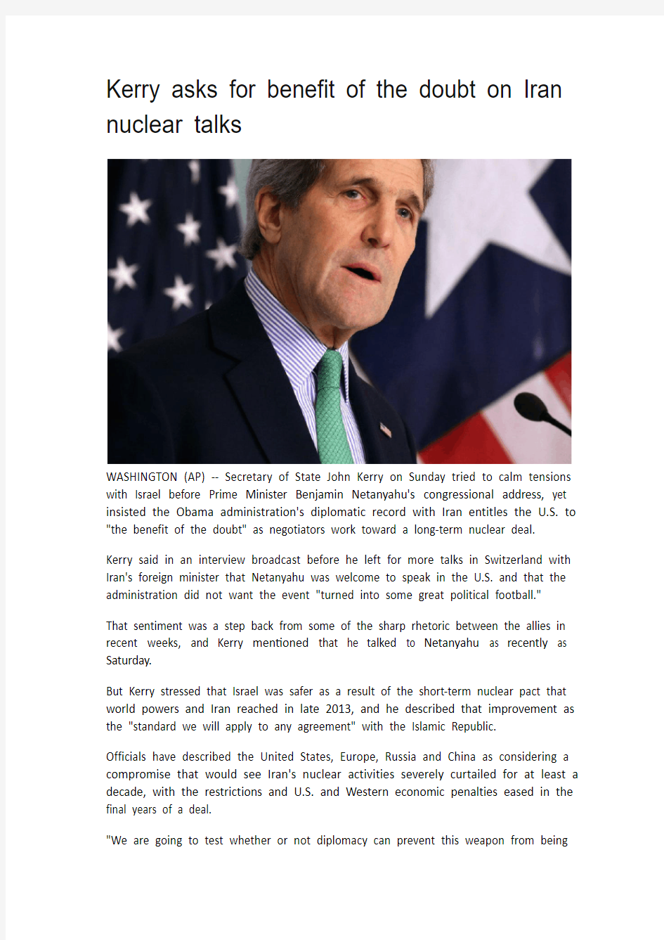 时事新闻摘抄：Kerry asks for benefit of the doubt on Iran nuclear talks