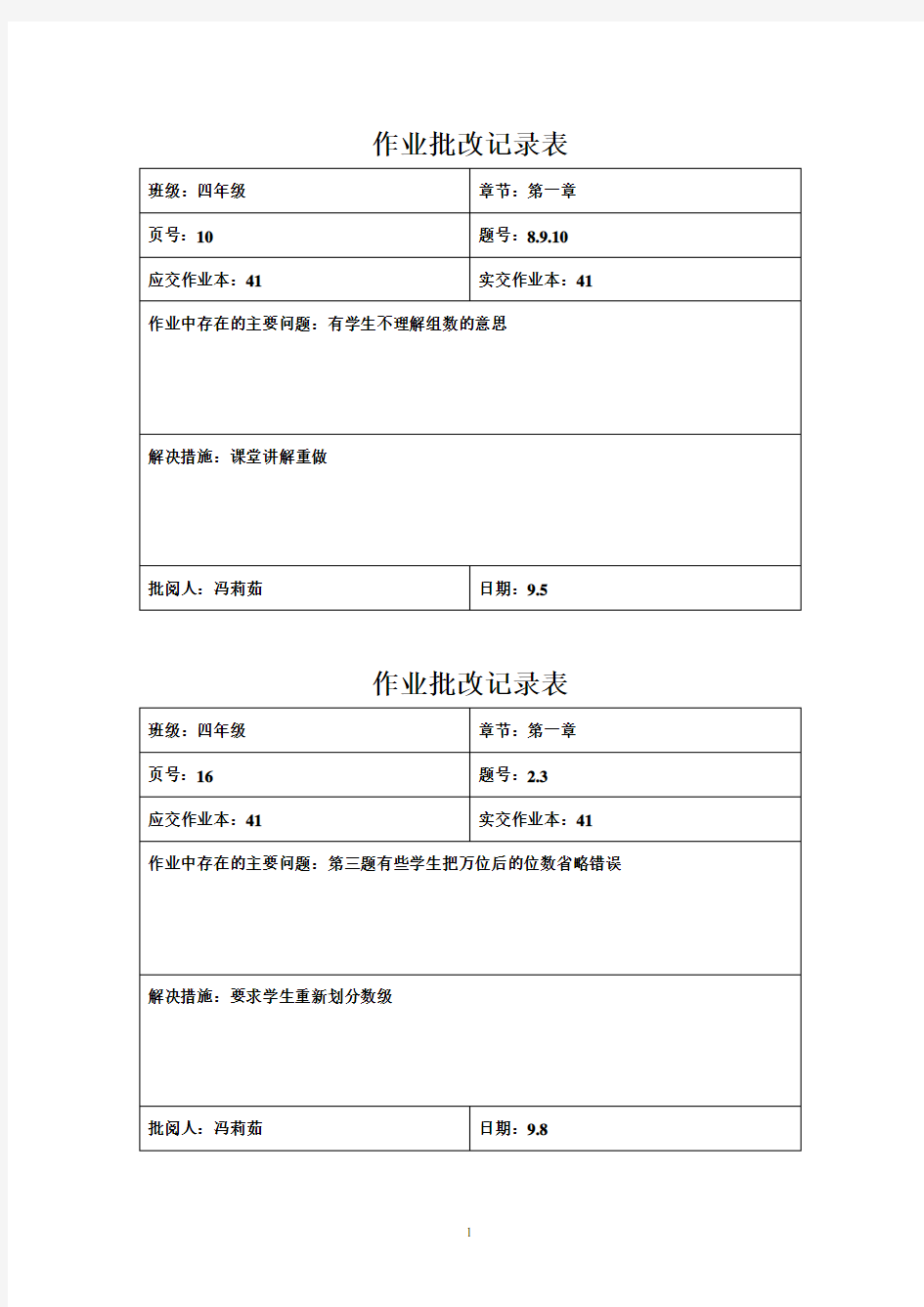 作业批改记录表