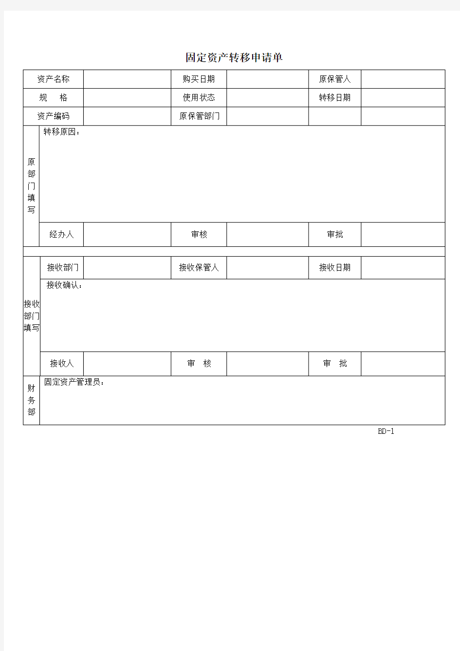 固定资产转移申请单